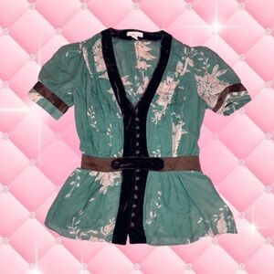 2000s Y2k teal and brown floral button top 🤎
